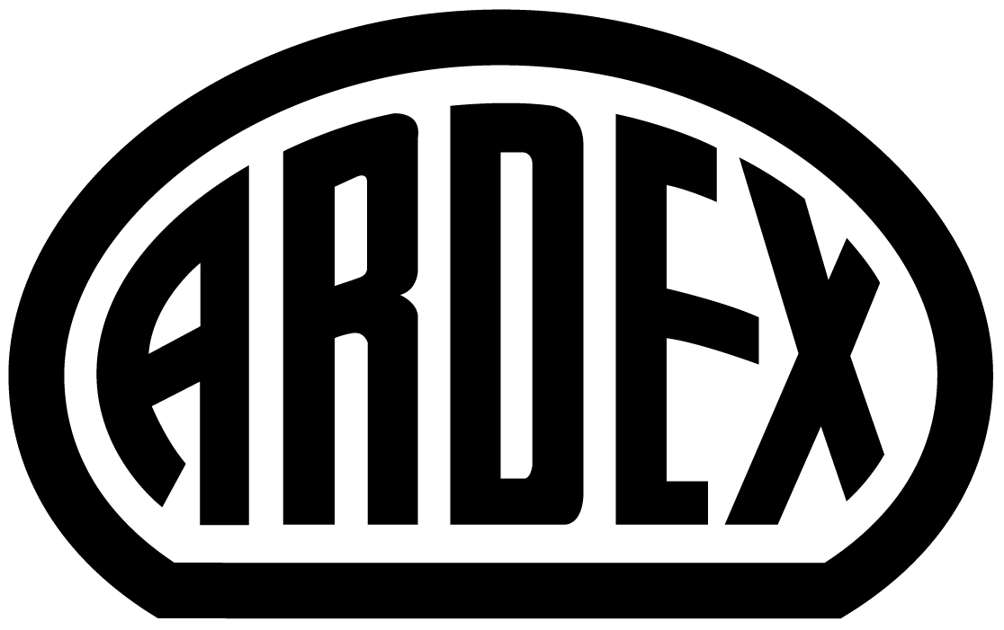 A black and white logo of ardex.