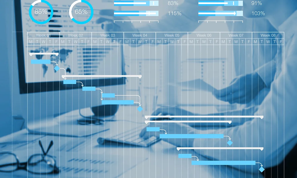 Image of a graph A blue and white image of a project timeline