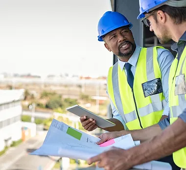 Construction Managers Two men in hard hats and vests looking at a paper.