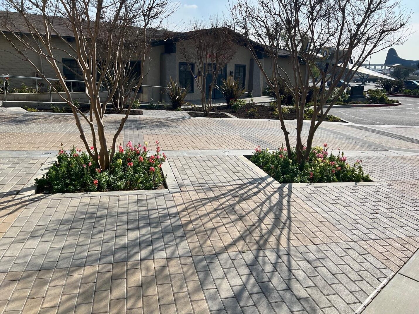 Brick walkway with flowers and trees.